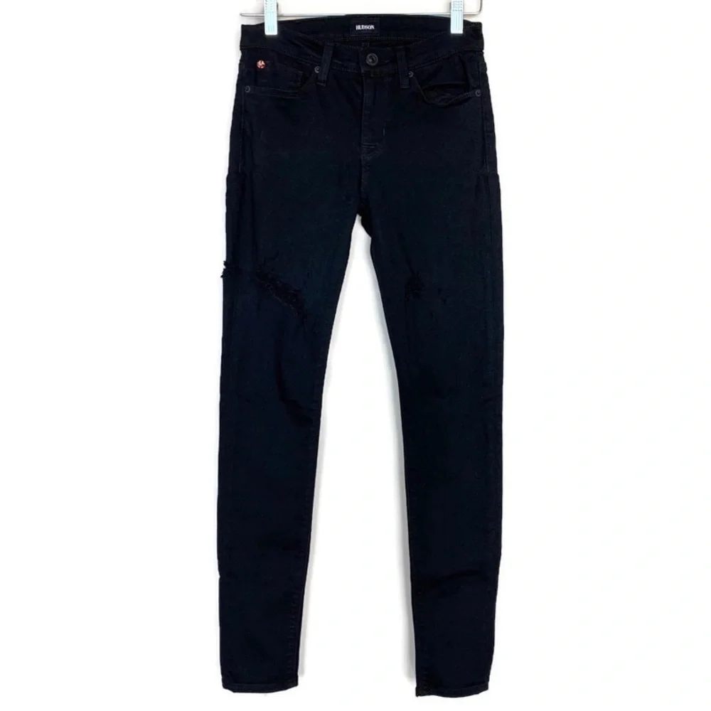 Hudson Black Distressed Skinny Jeans Sz 26 Stretch Low Rise Designer Denim Edgy